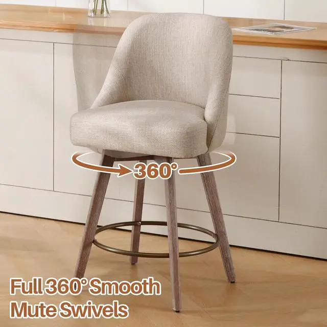 Alt view image 6 of 7 - Counter Height Bar Stools Set of 3, Modern Mid-Century Swivel Barstools with Backs and Wood Legs, Linen Fabric Upholstered Bar Chairs, 26" Seat Height Counter Stools for Kitchen Island, Sand