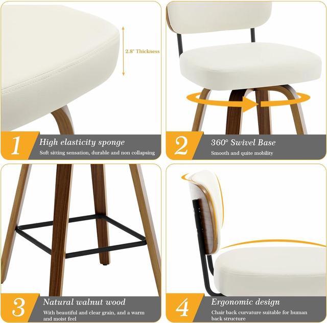 Alt view image 3 of 7 - Swivel Counter Height Bar Stools Set of 4, 26" Upholstered Faux Leather Barstools with Back and Bent Wood Legs, Mid Century Modern Bar Chair Island Stool for Kitchen Counter, Cream White
