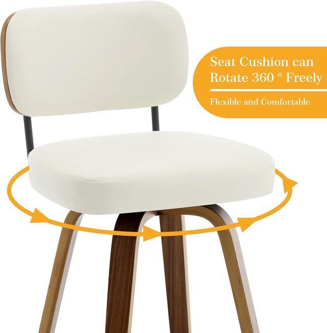 Alt view image 4 of 7 - Swivel Counter Height Bar Stools Set of 4, 26" Upholstered Faux Leather Barstools with Back and Bent Wood Legs, Mid Century Modern Bar Chair Island Stool for Kitchen Counter, Cream White