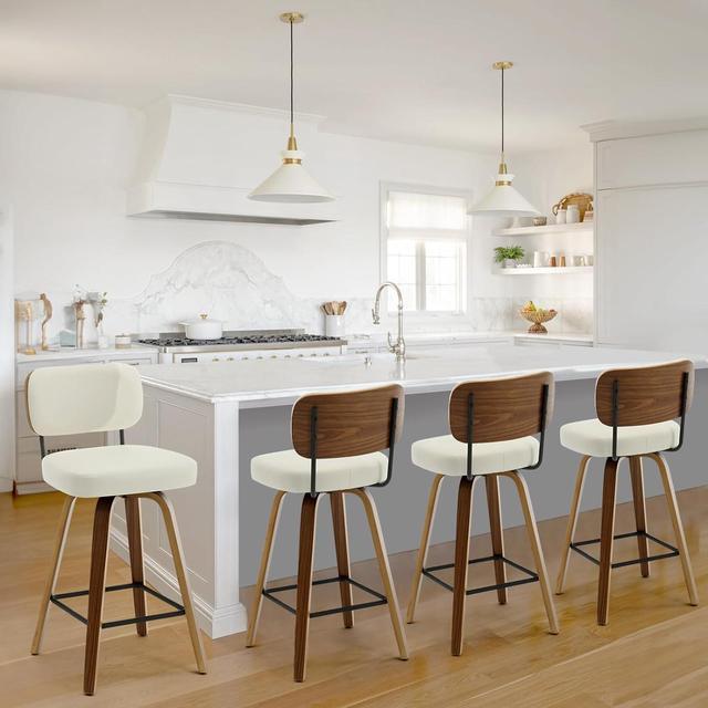 Alt view image 5 of 7 - Swivel Counter Height Bar Stools Set of 4, 26" Upholstered Faux Leather Barstools with Back and Bent Wood Legs, Mid Century Modern Bar Chair Island Stool for Kitchen Counter, Cream White