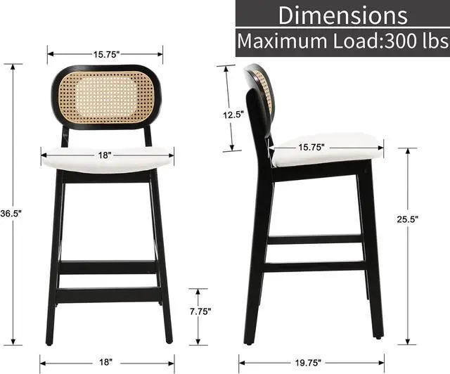 Alt view image 2 of 7 - Rattan Counter Height Bar Stools Set of 2 Upholstered Sherpa Barstools with Cane Back Boho Wood Farmhouse Kitchen Island Chairs Bar Chairs for Pub/Home Bar, Cream White