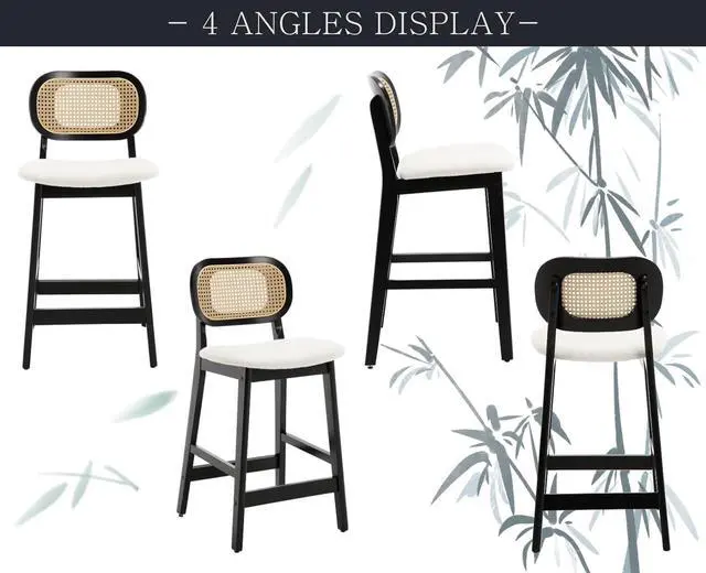 Alt view image 4 of 7 - Rattan Counter Height Bar Stools Set of 2 Upholstered Sherpa Barstools with Cane Back Boho Wood Farmhouse Kitchen Island Chairs Bar Chairs for Pub/Home Bar, Cream White