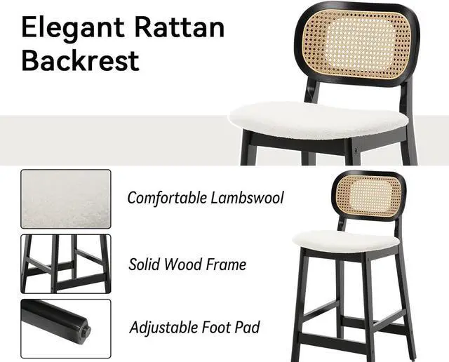 Alt view image 3 of 7 - Rattan Counter Height Bar Stools Set of 2 Upholstered Sherpa Barstools with Cane Back Boho Wood Farmhouse Kitchen Island Chairs Bar Chairs for Pub/Home Bar, Cream White