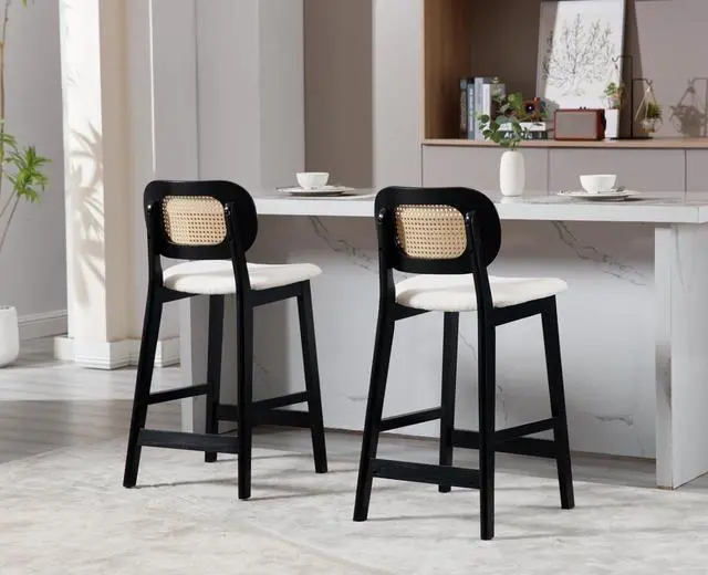 Alt view image 6 of 7 - Rattan Counter Height Bar Stools Set of 2 Upholstered Sherpa Barstools with Cane Back Boho Wood Farmhouse Kitchen Island Chairs Bar Chairs for Pub/Home Bar, Cream White