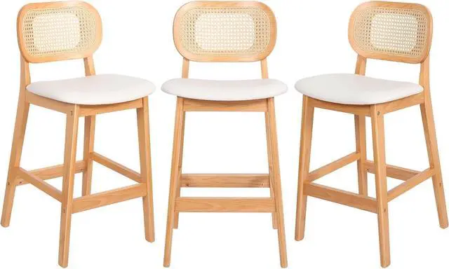 Main image of Counter Height Bar Stools Set of 3, Rattan Barstools with Back and Natural Wood Frame, White Leather Upholstered Bar Chairs,Mid Century Modern Farmhouse Counter Stool for Kitchen Island/Counter