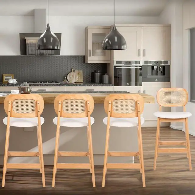 Alt view image 2 of 7 - Counter Height Bar Stools Set of 3, Rattan Barstools with Back and Natural Wood Frame, White Leather Upholstered Bar Chairs,Mid Century Modern Farmhouse Counter Stool for Kitchen Island/Counter