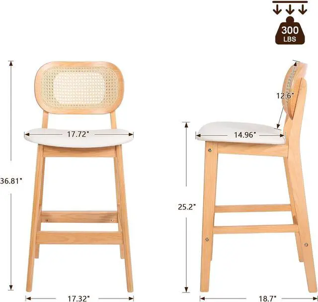 Alt view image 3 of 7 - Counter Height Bar Stools Set of 3, Rattan Barstools with Back and Natural Wood Frame, White Leather Upholstered Bar Chairs,Mid Century Modern Farmhouse Counter Stool for Kitchen Island/Counter