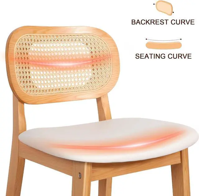 Alt view image 5 of 7 - Counter Height Bar Stools Set of 3, Rattan Barstools with Back and Natural Wood Frame, White Leather Upholstered Bar Chairs,Mid Century Modern Farmhouse Counter Stool for Kitchen Island/Counter