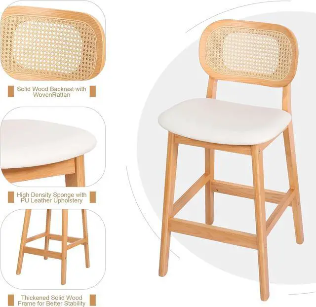 Alt view image 4 of 7 - Counter Height Bar Stools Set of 3, Rattan Barstools with Back and Natural Wood Frame, White Leather Upholstered Bar Chairs,Mid Century Modern Farmhouse Counter Stool for Kitchen Island/Counter
