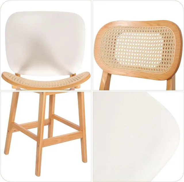 Alt view image 6 of 7 - Counter Height Bar Stools Set of 3, Rattan Barstools with Back and Natural Wood Frame, White Leather Upholstered Bar Chairs,Mid Century Modern Farmhouse Counter Stool for Kitchen Island/Counter