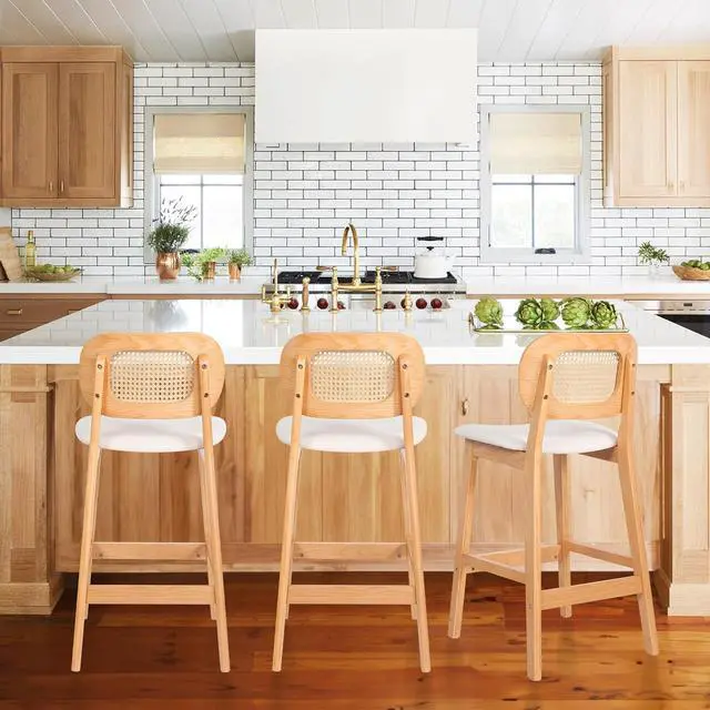 Alt view image 7 of 7 - Counter Height Bar Stools Set of 3, Rattan Barstools with Back and Natural Wood Frame, White Leather Upholstered Bar Chairs,Mid Century Modern Farmhouse Counter Stool for Kitchen Island/Counter