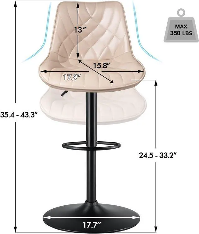 Alt view image 2 of 7 - Waleaf Adjustable Swivel Bar Stools Set of 4, Counter Height PU Leather Bar Stool with Back and footrest, Modern Upholstered Pub Bar Stools for Kitchen Island, 350 LBS Capacity