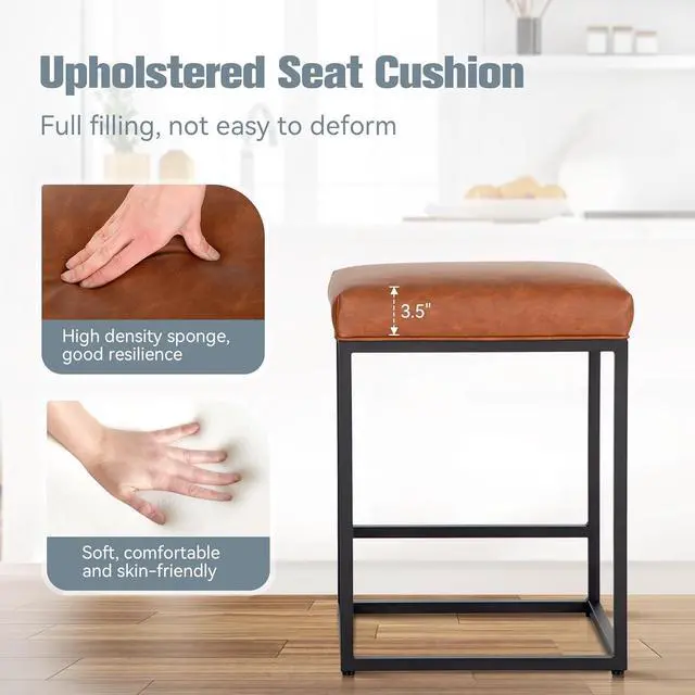 Alt view image 5 of 7 - Brown Counter Height Bar Stools Set of 4 for Kitchen Counter 24 Inch Backless Modern Barstools Industrial Upholstered Faux Leather Stools Farmhouse Island Chairs,Support 330 LBS, Brown