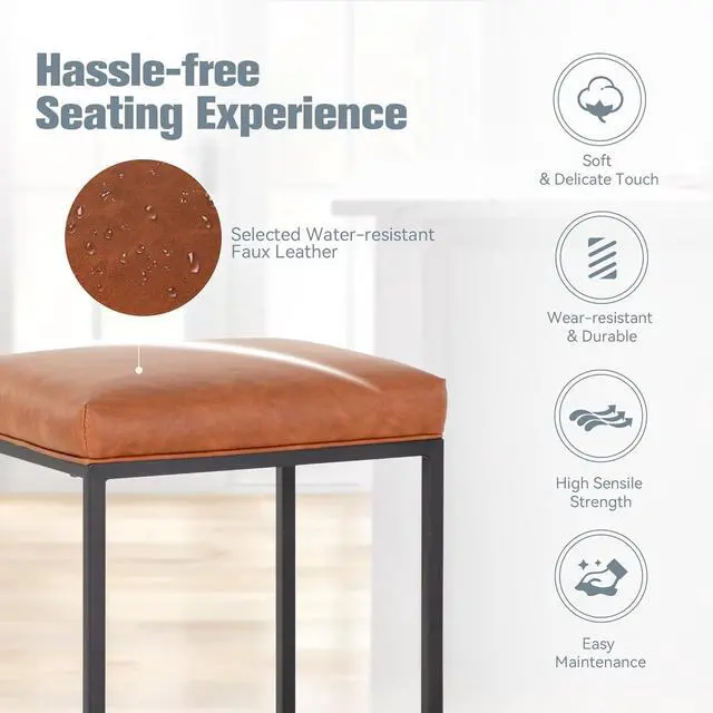 Alt view image 4 of 7 - Brown Counter Height Bar Stools Set of 4 for Kitchen Counter 24 Inch Backless Modern Barstools Industrial Upholstered Faux Leather Stools Farmhouse Island Chairs,Support 330 LBS, Brown