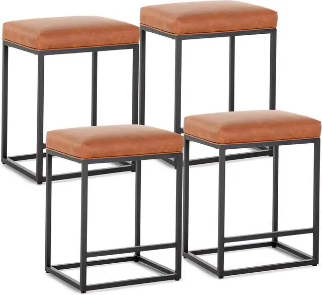 Alt view image 3 of 7 - Brown Counter Height Bar Stools Set of 4 for Kitchen Counter 24 Inch Backless Modern Barstools Industrial Upholstered Faux Leather Stools Farmhouse Island Chairs,Support 330 LBS, Brown