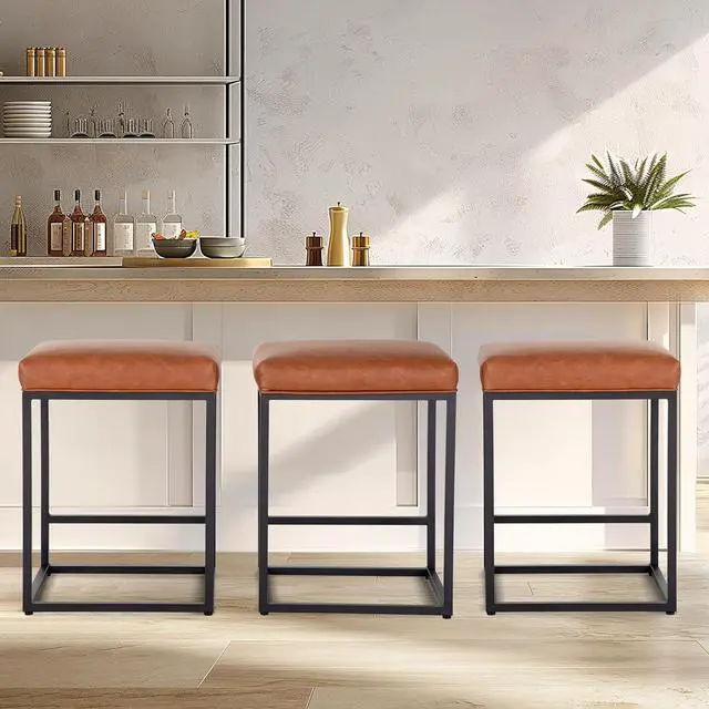 Alt view image 7 of 7 - Brown Counter Height Bar Stools Set of 4 for Kitchen Counter 24 Inch Backless Modern Barstools Industrial Upholstered Faux Leather Stools Farmhouse Island Chairs,Support 330 LBS, Brown