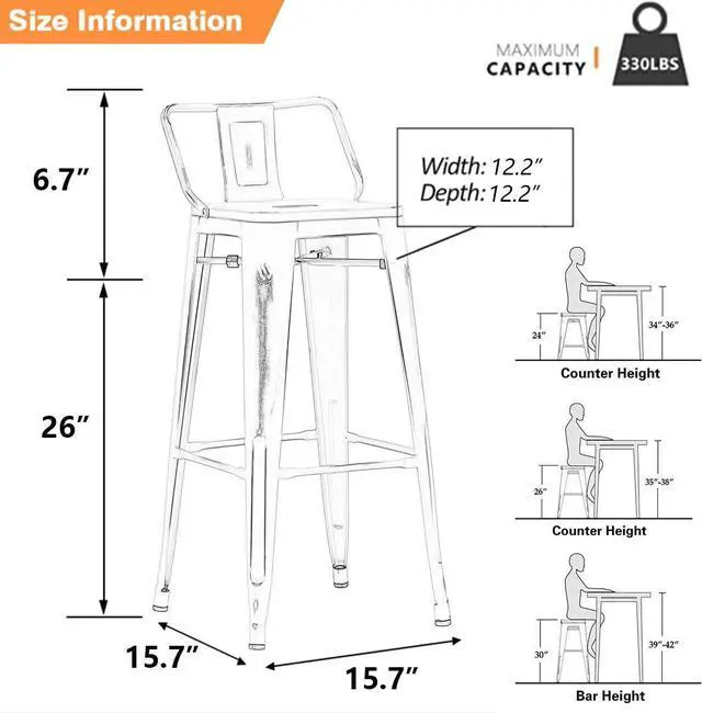Alt view image 2 of 7 - Yongchuang Metal Bar Stools with Backs Set of 4 Counter Height Bar Stools for Indoor Outdoor Barstools Low Back Bar Chairs 26" Cream White