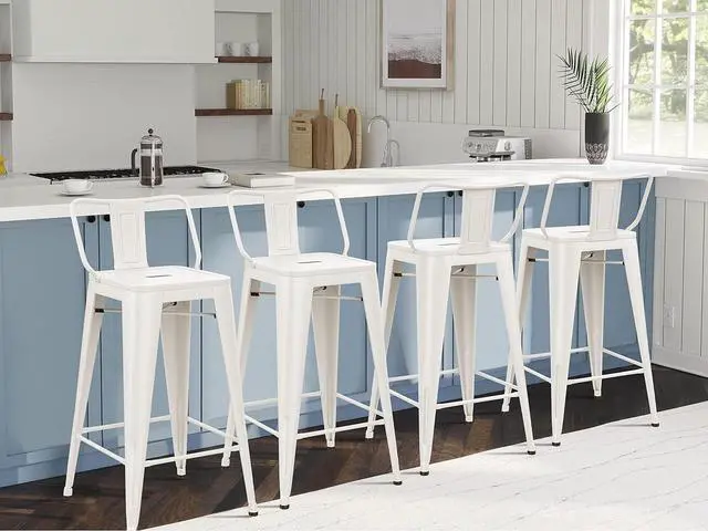 Alt view image 4 of 7 - Yongchuang Metal Bar Stools with Backs Set of 4 Counter Height Bar Stools for Indoor Outdoor Barstools Low Back Bar Chairs 26" Cream White