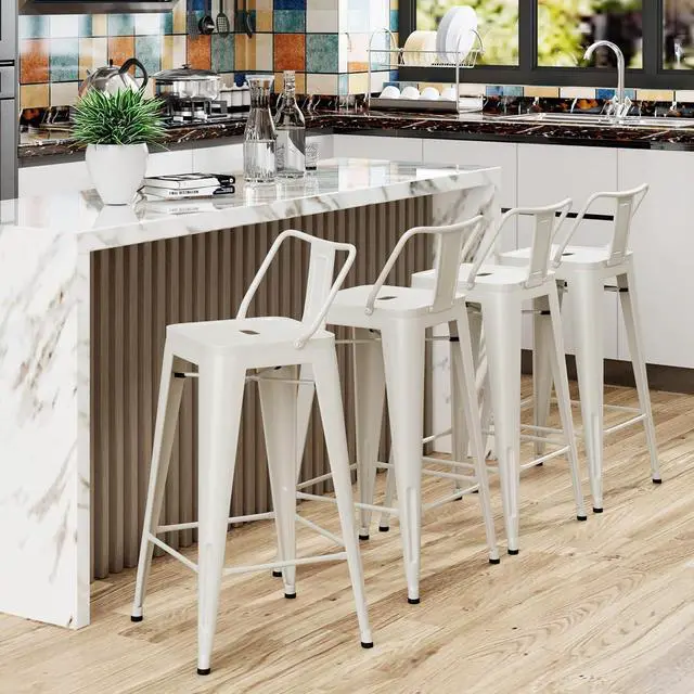 Alt view image 3 of 7 - Yongchuang Metal Bar Stools with Backs Set of 4 Counter Height Bar Stools for Indoor Outdoor Barstools Low Back Bar Chairs 26" Cream White