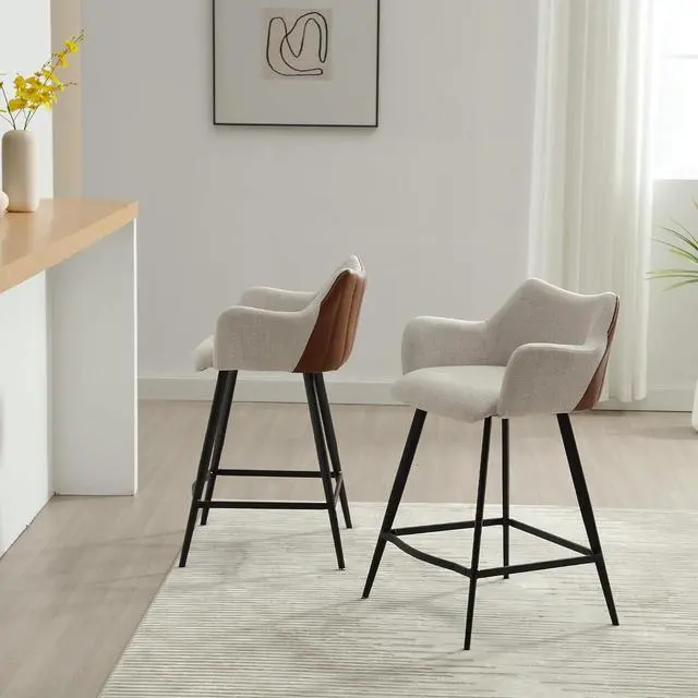 Alt view image 3 of 7 - Color Block Bar Stools for Kitchen Island Barstools with Footrest Set of 2 Counter Height Bar Stool with Back and Metal Legs for Kitchen Dining Pubs Club Bistro Cafe, Linen Beige-PU Brown