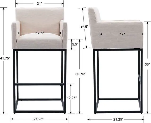 Alt view image 2 of 7 - Counter Height 30.75" Bar Stools Set of 2 Linen Fabric Upholstered Barstools with Backrest and Arms, Metal Bar Chairs Kitchen Stools for Island,Home Bar, Cream, Black Legs