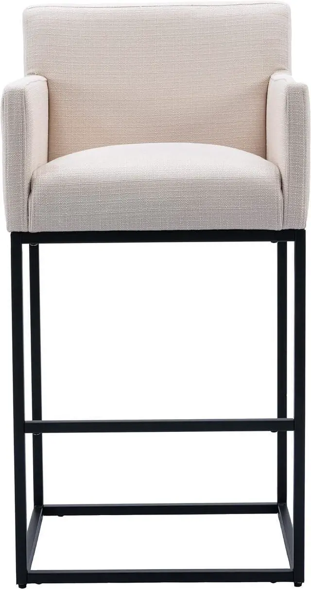 Alt view image 3 of 7 - Counter Height 30.75" Bar Stools Set of 2 Linen Fabric Upholstered Barstools with Backrest and Arms, Metal Bar Chairs Kitchen Stools for Island,Home Bar, Cream, Black Legs