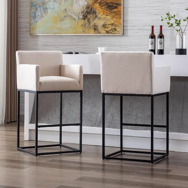 Alt view image 7 of 7 - Counter Height 30.75" Bar Stools Set of 2 Linen Fabric Upholstered Barstools with Backrest and Arms, Metal Bar Chairs Kitchen Stools for Island,Home Bar, Cream, Black Legs