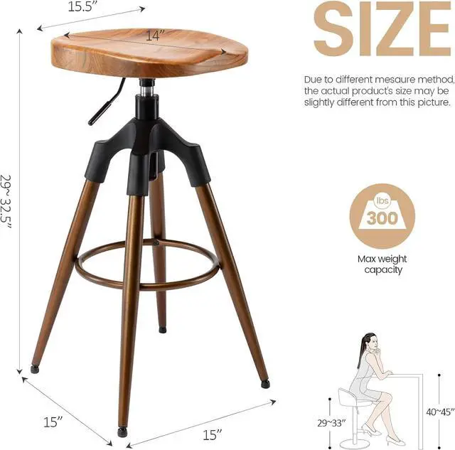 Alt view image 3 of 7 - Brage Living 29-32.5 Inch Industrial Adjustable Bar Stool, Swivel Wood Seat Barstool with Metal Legs, Backless Heavy Duty Airlift Bar Chair for Kitchen Dining Pub Cafe (Bronze)