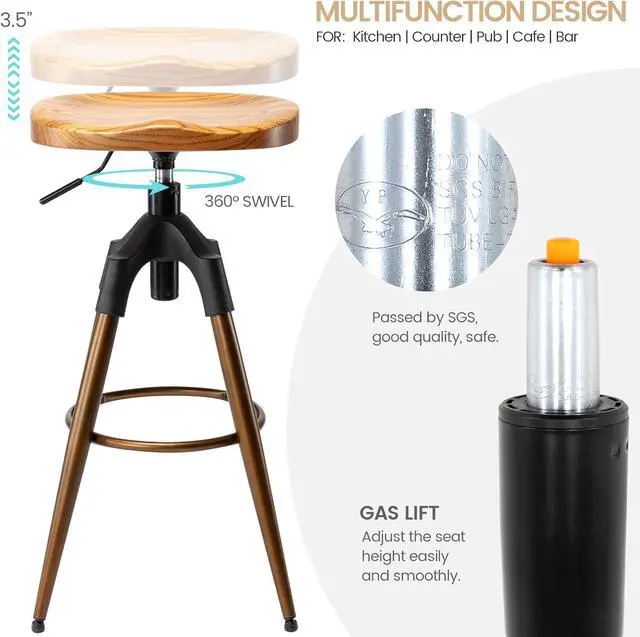 Alt view image 5 of 7 - Brage Living 29-32.5 Inch Industrial Adjustable Bar Stool, Swivel Wood Seat Barstool with Metal Legs, Backless Heavy Duty Airlift Bar Chair for Kitchen Dining Pub Cafe (Bronze)
