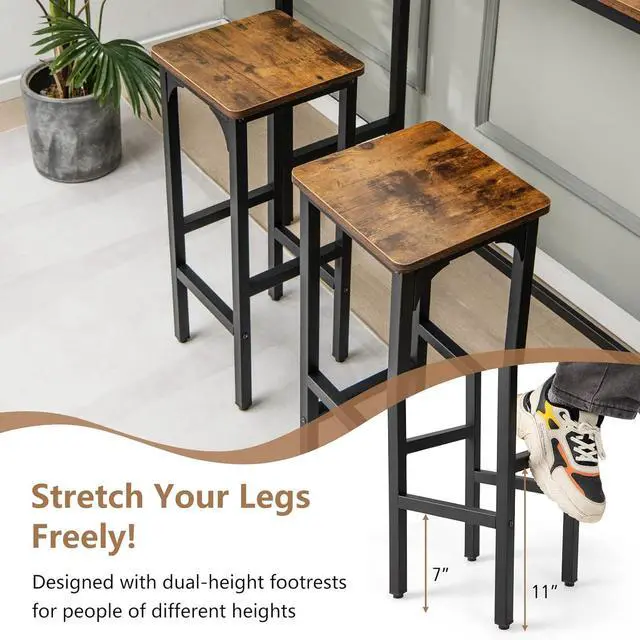 Alt view image 5 of 7 - COSTWAY Industrial Bar Stools Set of 2, 28-inch Counter Height Bar Chairs with Footrest, Adjustable Feet, Metal Frame, Backless Counter Height Barstools for Kitchen Island Dining Room, Rustic Brown