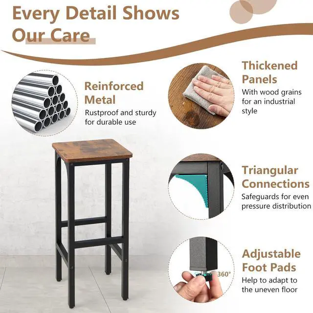 Alt view image 6 of 7 - COSTWAY Industrial Bar Stools Set of 2, 28-inch Counter Height Bar Chairs with Footrest, Adjustable Feet, Metal Frame, Backless Counter Height Barstools for Kitchen Island Dining Room, Rustic Brown