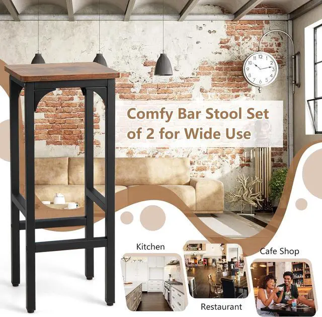 Alt view image 7 of 7 - COSTWAY Industrial Bar Stools Set of 2, 28-inch Counter Height Bar Chairs with Footrest, Adjustable Feet, Metal Frame, Backless Counter Height Barstools for Kitchen Island Dining Room, Rustic Brown