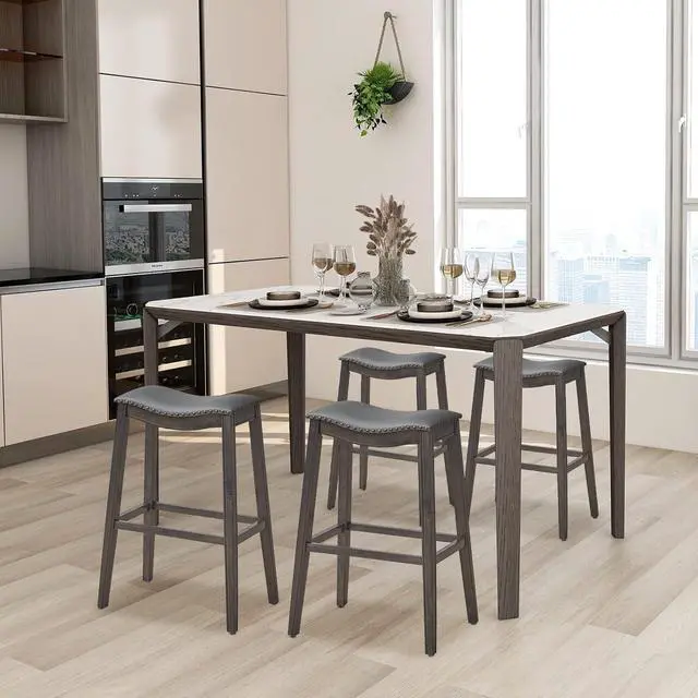 Alt view image 2 of 7 - COSTWAY Counter Height Bar Stools Set of 4, 29-Inch Height Backless Saddle Stool with Rubber Wood Legs, Cushioned Seat and Footrest, PVC Leather Makeup Chair for Kitchen Island Dining Room, Grey