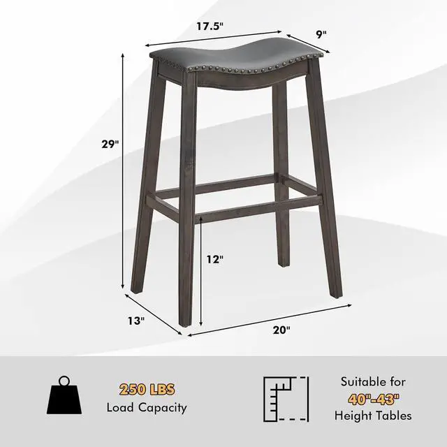 Alt view image 3 of 7 - COSTWAY Counter Height Bar Stools Set of 4, 29-Inch Height Backless Saddle Stool with Rubber Wood Legs, Cushioned Seat and Footrest, PVC Leather Makeup Chair for Kitchen Island Dining Room, Grey