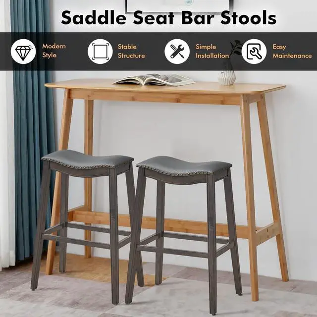Alt view image 6 of 7 - COSTWAY Counter Height Bar Stools Set of 4, 29-Inch Height Backless Saddle Stool with Rubber Wood Legs, Cushioned Seat and Footrest, PVC Leather Makeup Chair for Kitchen Island Dining Room, Grey
