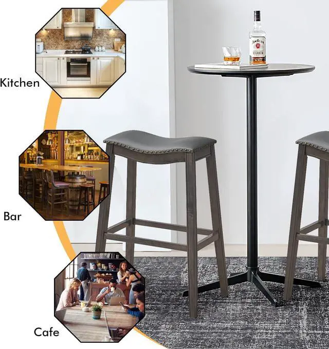 Alt view image 5 of 7 - COSTWAY Counter Height Bar Stools Set of 4, 29-Inch Height Backless Saddle Stool with Rubber Wood Legs, Cushioned Seat and Footrest, PVC Leather Makeup Chair for Kitchen Island Dining Room, Grey
