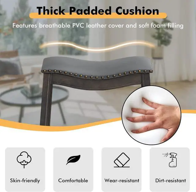 Alt view image 7 of 7 - COSTWAY Counter Height Bar Stools Set of 4, 29-Inch Height Backless Saddle Stool with Rubber Wood Legs, Cushioned Seat and Footrest, PVC Leather Makeup Chair for Kitchen Island Dining Room, Grey