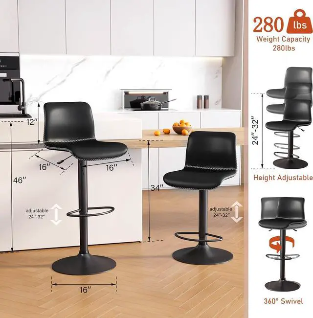 Alt view image 2 of 6 - HeuGah Swivel Stools Set of 2, Adjustable Height - Counter to Bar (24'' to 32''), Black Faux Leather Back Stools for Kitchen Island