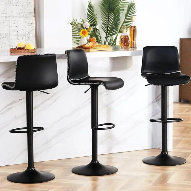 Alt view image 3 of 6 - HeuGah Swivel Stools Set of 2, Adjustable Height - Counter to Bar (24'' to 32''), Black Faux Leather Back Stools for Kitchen Island