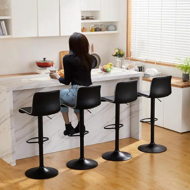 Alt view image 4 of 6 - HeuGah Swivel Stools Set of 2, Adjustable Height - Counter to Bar (24'' to 32''), Black Faux Leather Back Stools for Kitchen Island