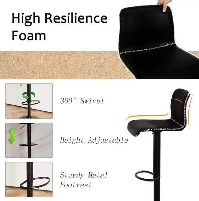 Alt view image 5 of 6 - HeuGah Swivel Stools Set of 2, Adjustable Height - Counter to Bar (24'' to 32''), Black Faux Leather Back Stools for Kitchen Island