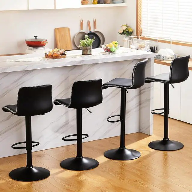 Alt view image 6 of 6 - HeuGah Swivel Stools Set of 2, Adjustable Height - Counter to Bar (24'' to 32''), Black Faux Leather Back Stools for Kitchen Island