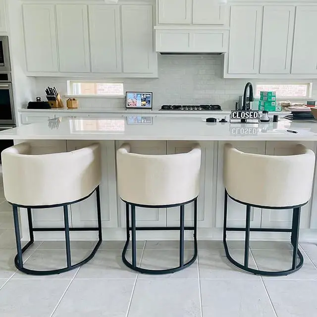 Main image of Wahson Set of 3 Linen Upholstered Barrel Bar Height Stools, 24" H Mid Century Modern Fabric Bucket Counter Height Stools, with Black Metal Frame, Cream