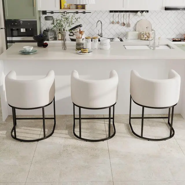 Alt view image 3 of 7 - Wahson Set of 3 Linen Upholstered Barrel Bar Height Stools, 24" H Mid Century Modern Fabric Bucket Counter Height Stools, with Black Metal Frame, Cream