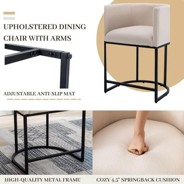 Alt view image 4 of 7 - Wahson Set of 3 Linen Upholstered Barrel Bar Height Stools, 24" H Mid Century Modern Fabric Bucket Counter Height Stools, with Black Metal Frame, Cream