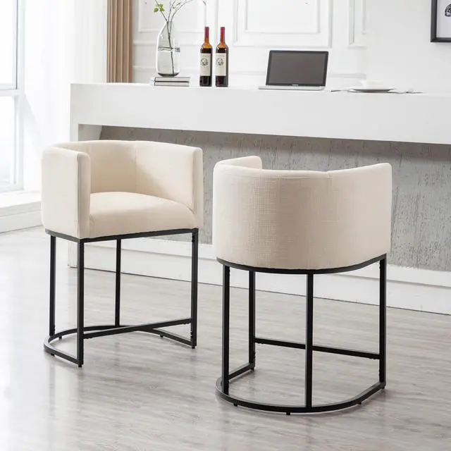 Alt view image 5 of 7 - Wahson Set of 3 Linen Upholstered Barrel Bar Height Stools, 24" H Mid Century Modern Fabric Bucket Counter Height Stools, with Black Metal Frame, Cream