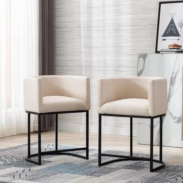 Alt view image 6 of 7 - Wahson Set of 3 Linen Upholstered Barrel Bar Height Stools, 24" H Mid Century Modern Fabric Bucket Counter Height Stools, with Black Metal Frame, Cream