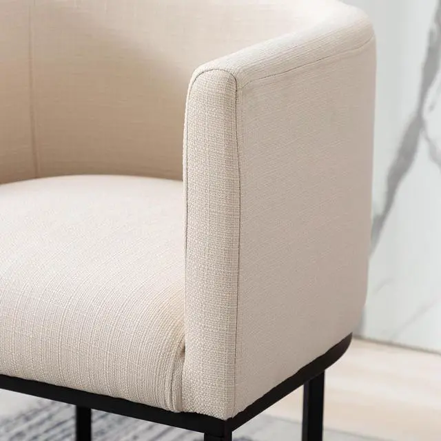 Alt view image 7 of 7 - Wahson Set of 3 Linen Upholstered Barrel Bar Height Stools, 24" H Mid Century Modern Fabric Bucket Counter Height Stools, with Black Metal Frame, Cream