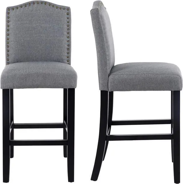Main image of LSSBOUGHT 24 Inches Counter Height Bar Stools Set of 2 Studded Kitchen Island Chairs with Back Nailhead Barstools with Solid Wood Legs, Set of 2(Gray)