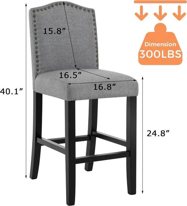 Alt view image 3 of 7 - LSSBOUGHT 24 Inches Counter Height Bar Stools Set of 2 Studded Kitchen Island Chairs with Back Nailhead Barstools with Solid Wood Legs, Set of 2(Gray)